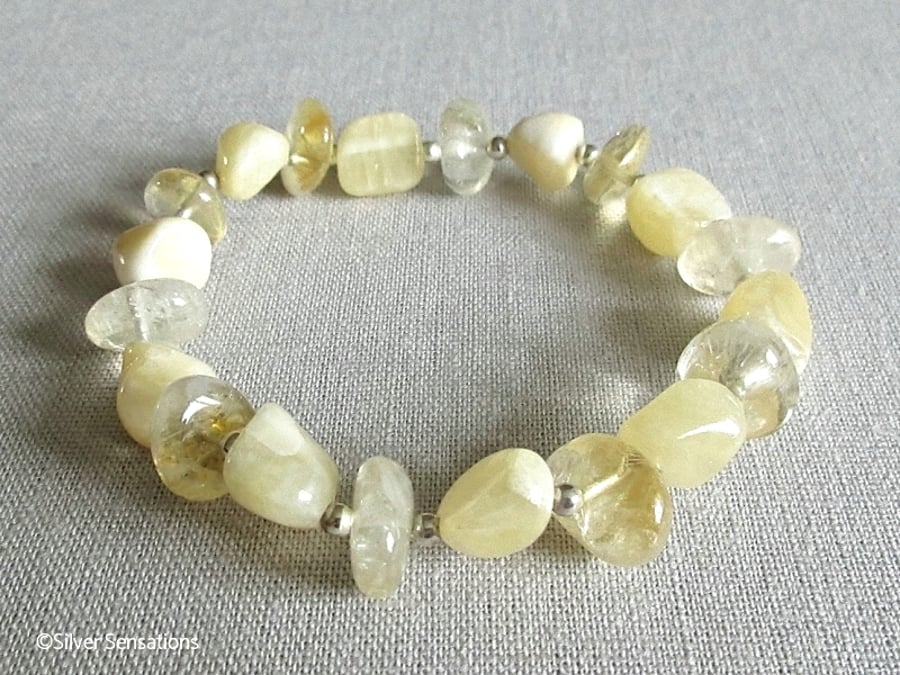 Pastel Yellow Calcite Nugget Beads, Citrine Nuggets & Sterling Silver Bracelet