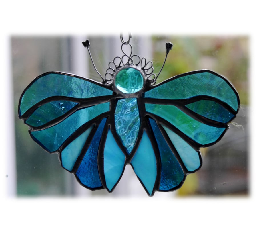Teal Butterfly Suncatcher Stained Glass Handmade Turquoise 085