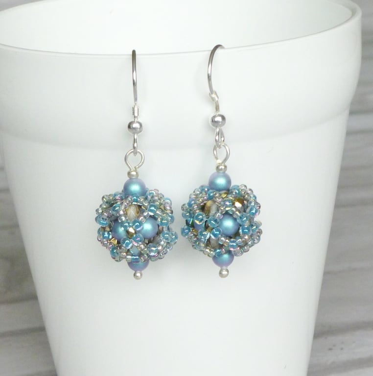 Turquoise Beaded Ball Earrings with Iridescent Crystal Glass Pearls 