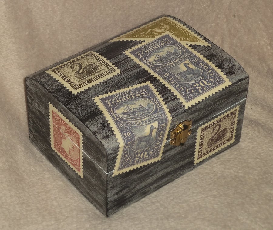 Stamps Stationery Treasures Trinkets Memories Wooden Chest Box Unusual Gift