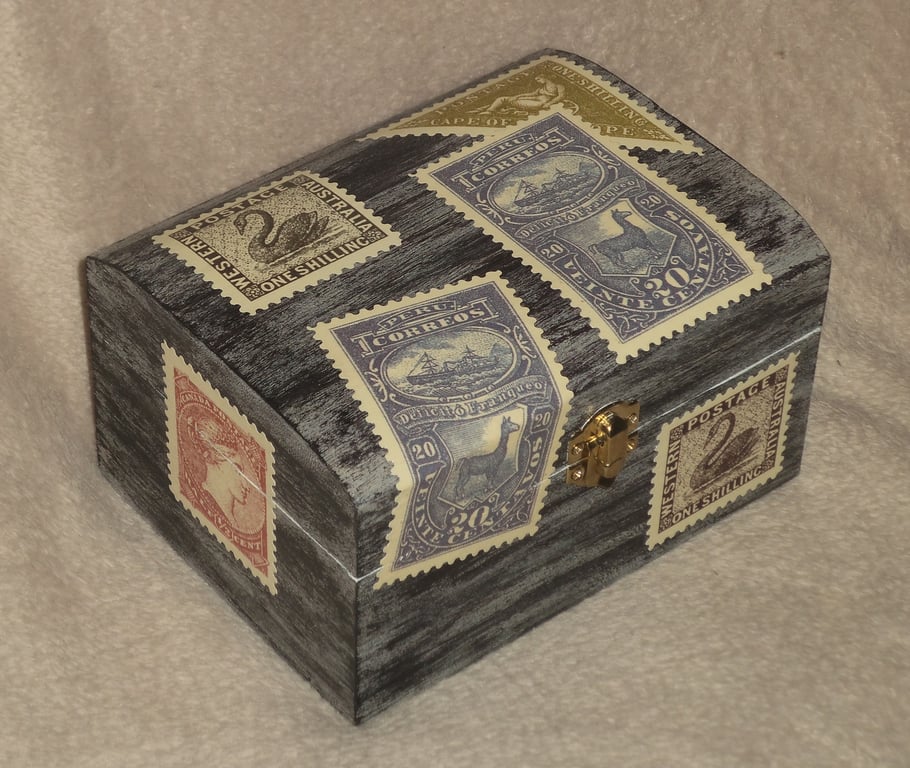 Stamps Stationery Treasures Trinkets Memories Wooden Chest Box Unusual Gift
