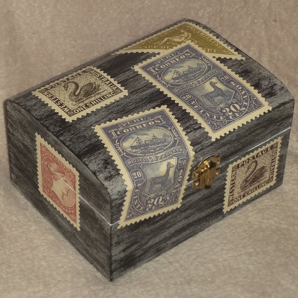 Stamps Stationery Treasures Trinkets Memories Wooden Chest Box Unusual Gift