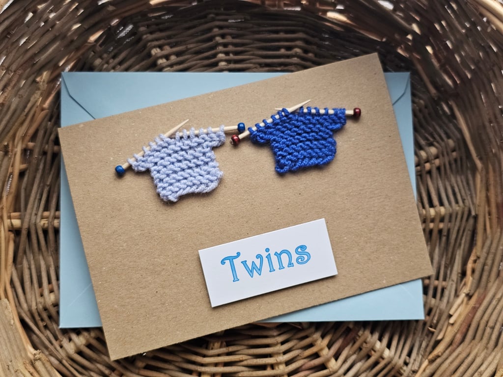 Twin Boys Card with Tiny Blue Knitted Jumpers Size 6" x " 4