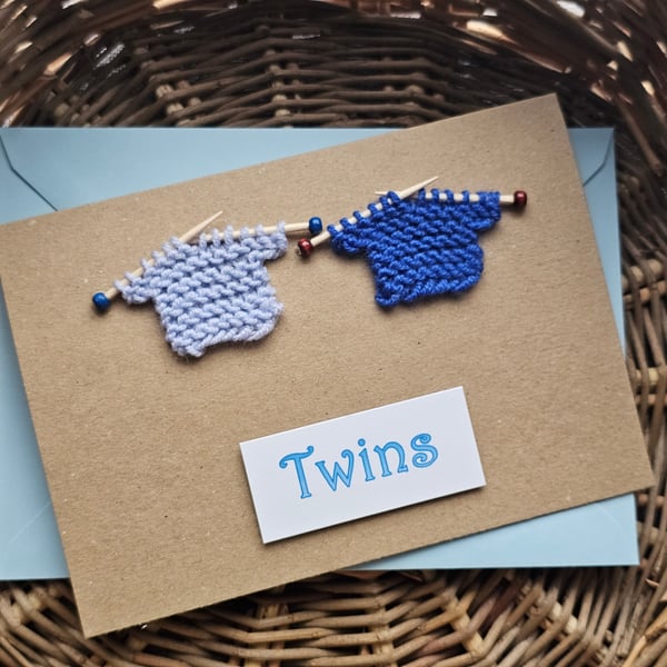 Twin Boys Card with Tiny Blue Knitted Jumpers Size 6" x " 4