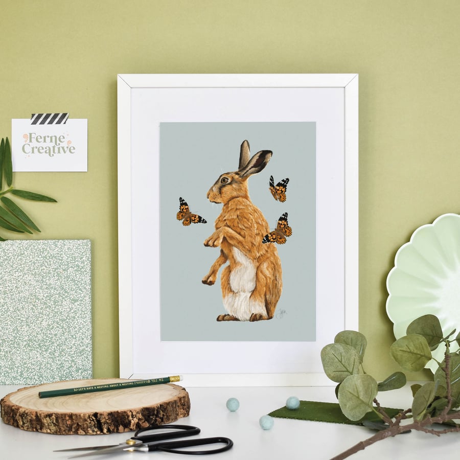 Brown Hare illustration, Butterfly wall art, Farmhouse decor, British wildlife