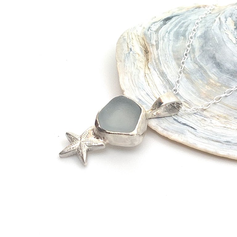 Sea glass with starfish pendant sterling silver bluey gray natural sea tumbled