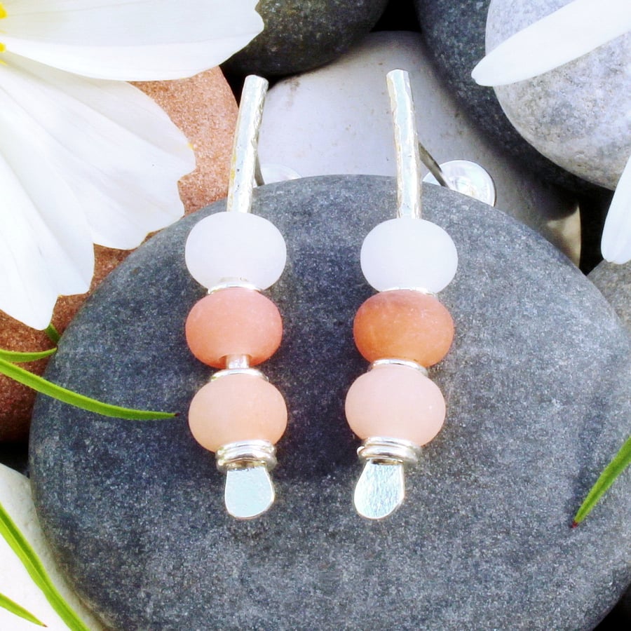 Seaside earrings, pink pastel colours, natural handmade jewellery, pebble