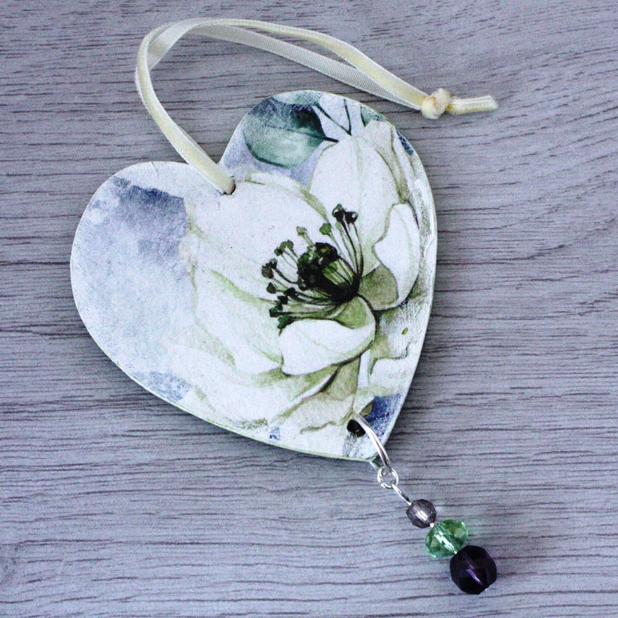 Wooden Heart Hanging Ornament Floral Decoupage