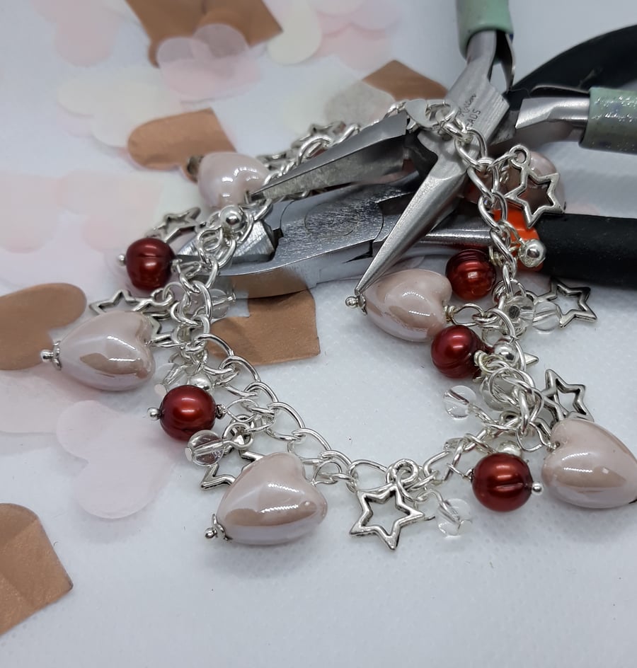BR387 Ceramic heart and fresh water pearl charm style bracelet