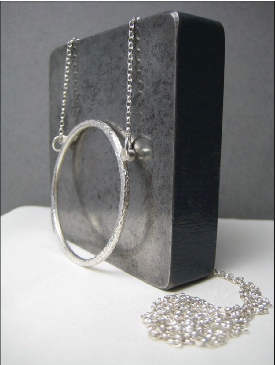 Hallmarked Large 5cm Sterling Silver Hammered Circle Necklace - Long Necklace