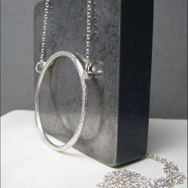 Hallmarked Large 5cm Sterling Silver Hammered Circle Necklace - Long Necklace