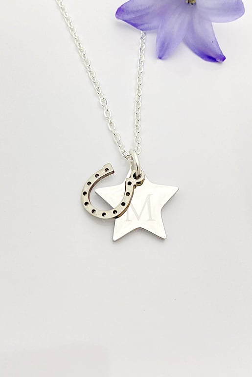 Personalised Horse Shoe Initial Necklace Star Birthday Gift Good Luck Charm