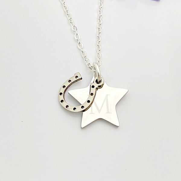 Personalised Horse Shoe Initial Necklace Star Birthday Gift Good Luck Charm