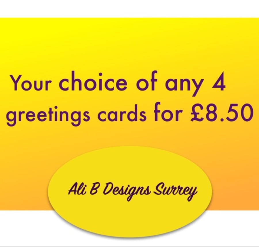 Greetings Card Set, Your Choice of Any 4 Cards, Printed From Original Artwork  