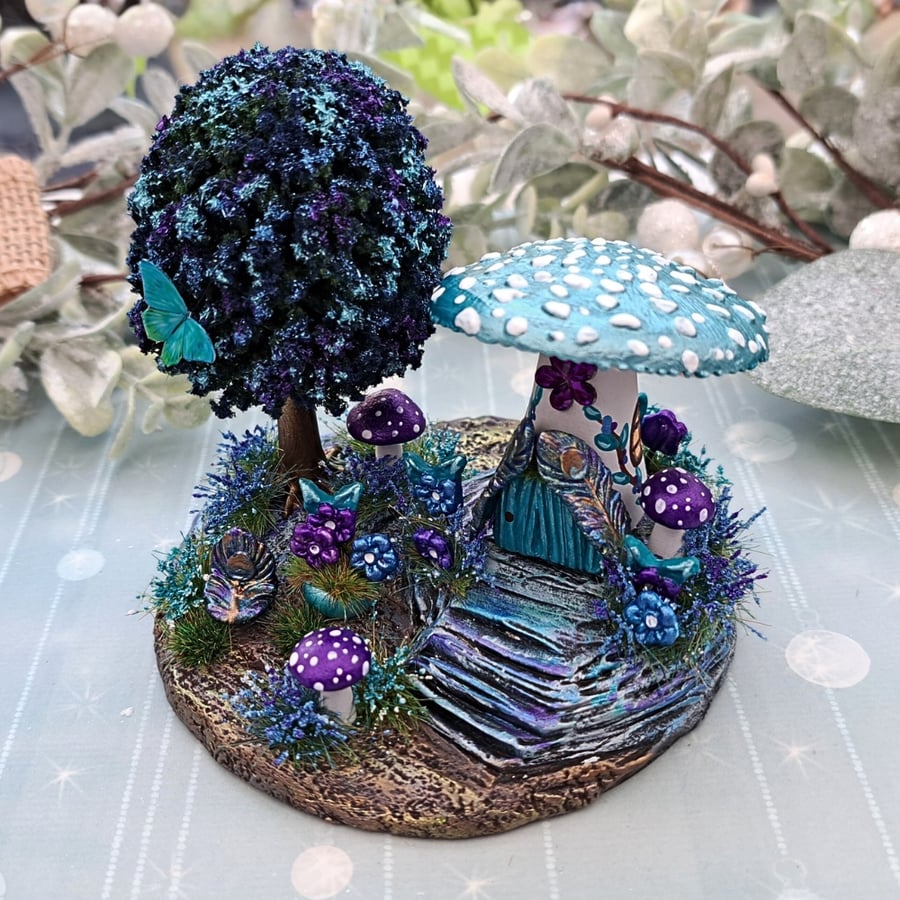 Miniature Mushroom Fairy House - Peacock