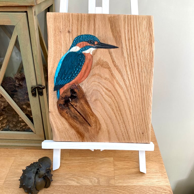 Kingfisher hand-painted on Oak