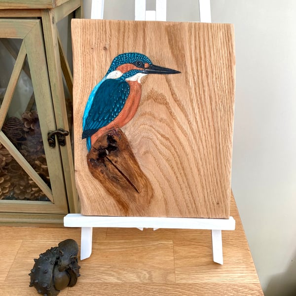Kingfisher hand-painted on Oak