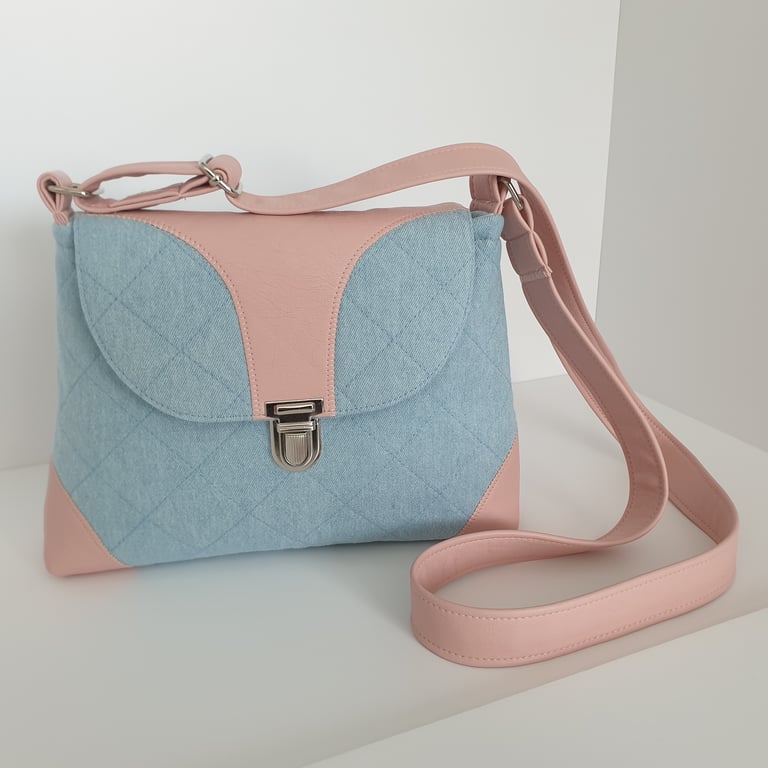 Handmade Denim Pink Quilted Shoulder Bag - Adjustable Strap Crossbody Handbag