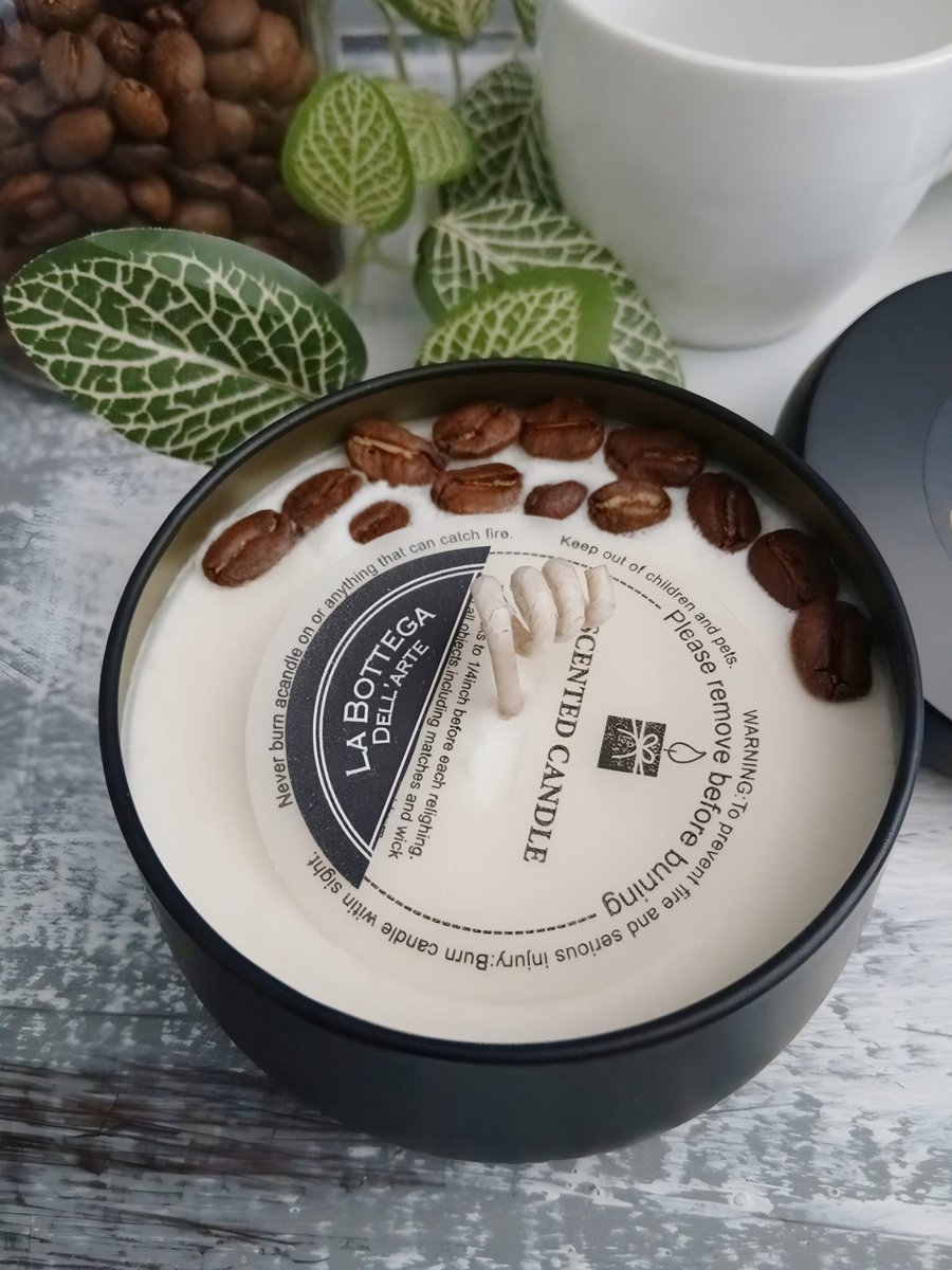 Vegan Coffee Scented Soy Wax Candle in Black Metal Tin Handmade