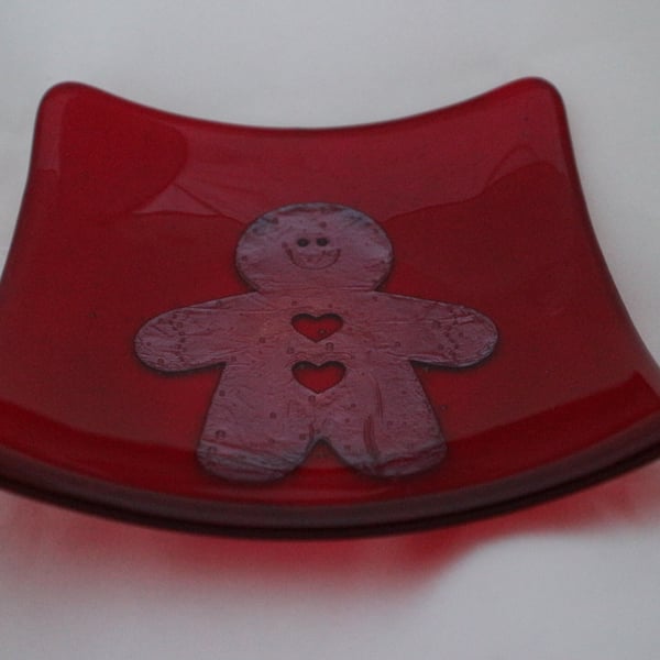 Hand made fused glass candy bowl - copper gingerbread man on red