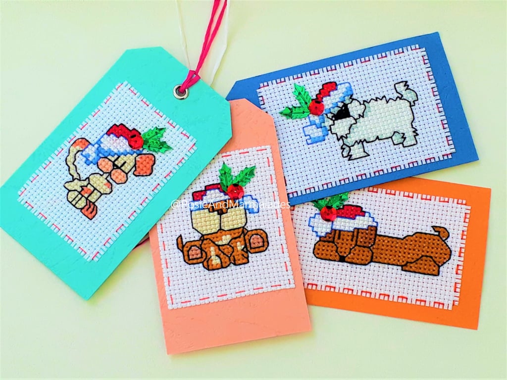 Dogs in Santa hats Christmas Tags Labels - Set of 4