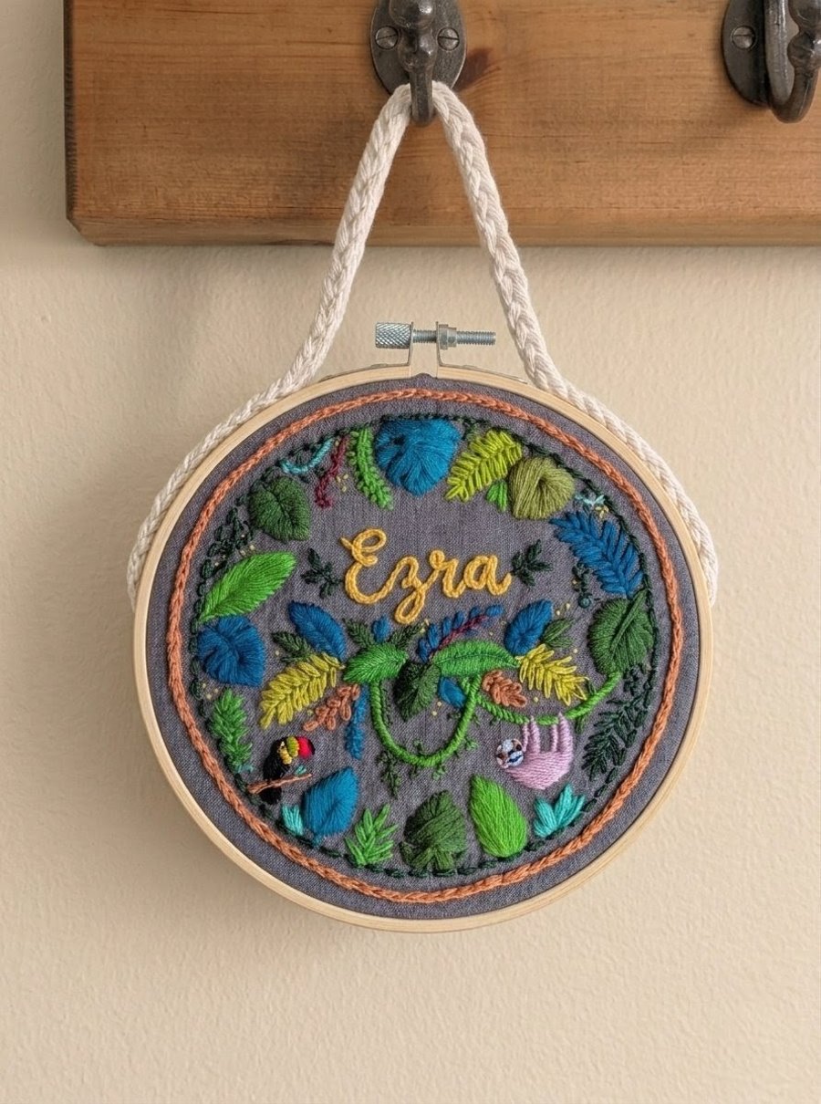 Personalised Jungle Embroidery Hoop Art, Custom Baby Name Sign Gift FREE POSTAGE
