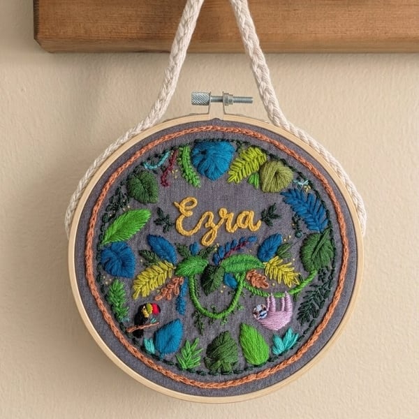 Personalised Jungle Embroidery Hoop Art, Custom Baby Name Sign Gift