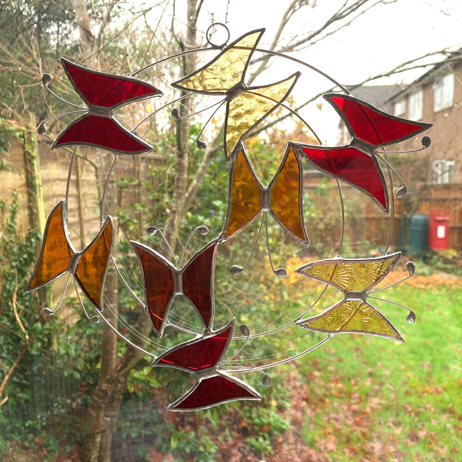 Stained Glass Butterfly Circle - Handmade Hanging  Decoration - Red and Amber