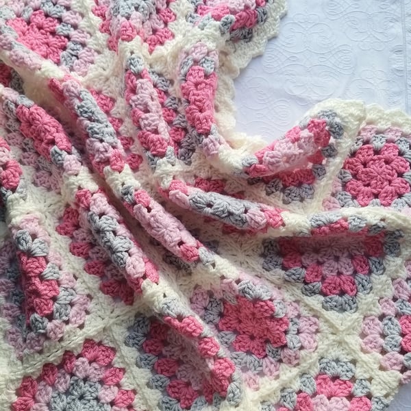Seconds Sunday Crochet Baby Blanket. Pink, Silver & Cream Granny Squares