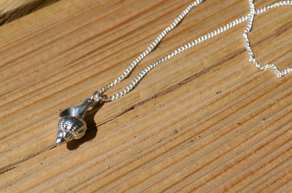Whelk shell pewter pendant necklace with sterling silver chain