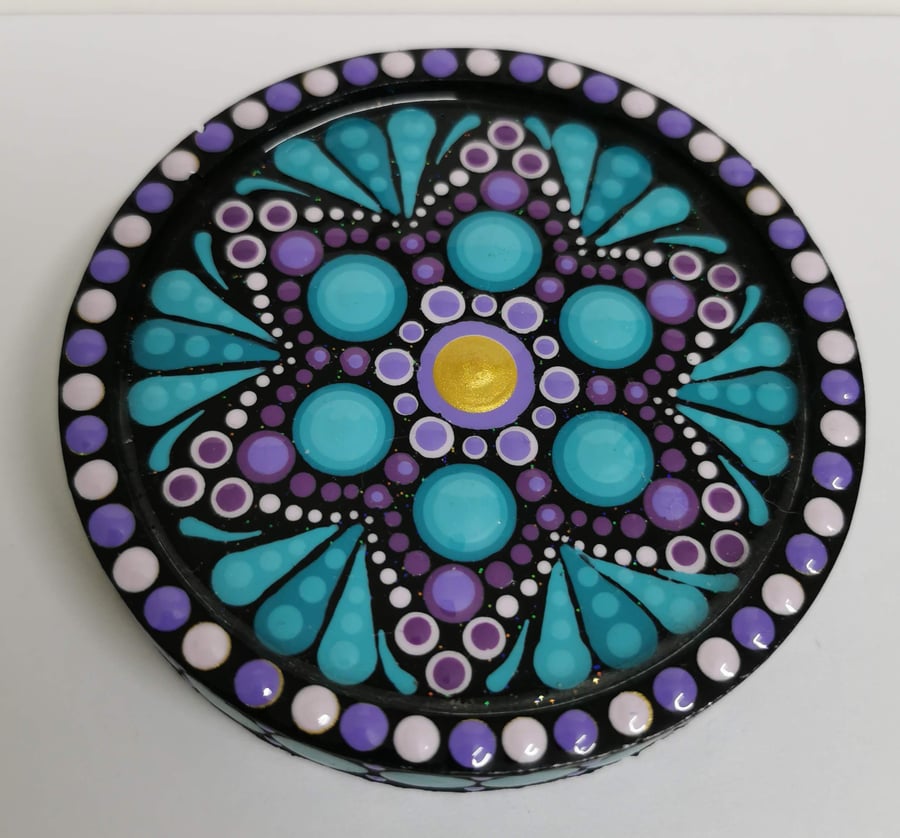 Hand painted purple and turquoise mandala coaster
