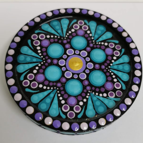 Hand painted purple and turquoise mandala coaster