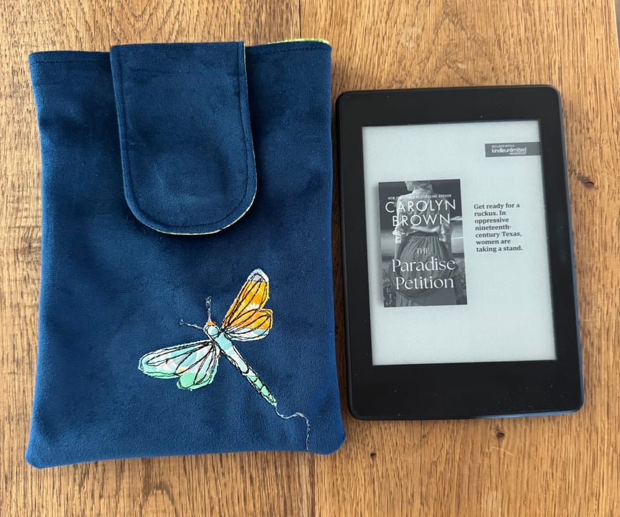 Handmade Velvet Kindle Sleeve – Free Motion Dragonfly Appliqué