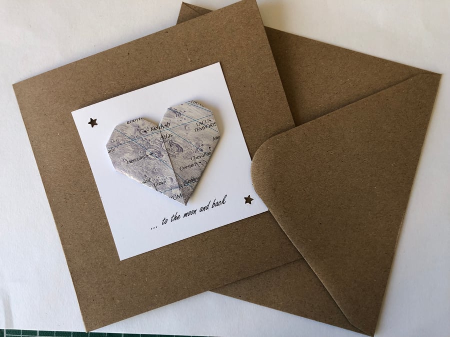 Love You To the Moon and Back, Moon map Origami loveheart Valentine's card