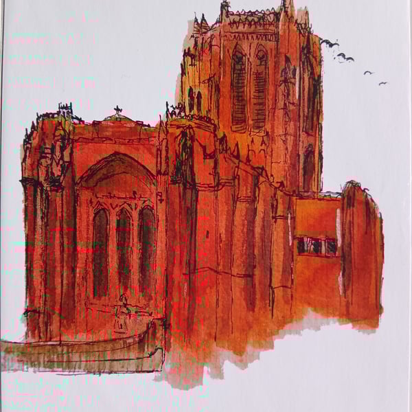 Floating Anglican Cathedral Liverpool watercolour print A5 