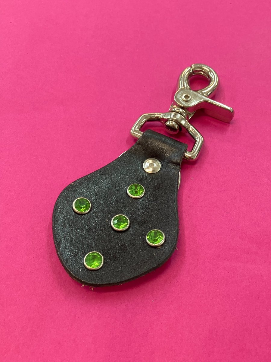 Black Leather Keyring with 5 Green Gemstones -- FREE SHIPPING