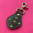 Black Leather Keyring with 5 Green Gemstones -- FREE SHIPPING