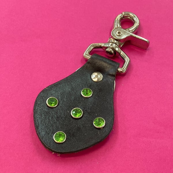 Black Leather Keyring with 5 Green Gemstones -- FREE SHIPPING