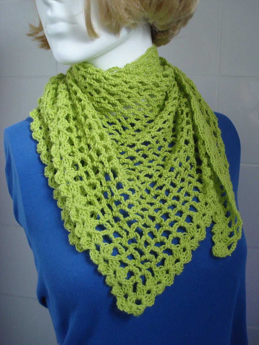 Lime Green Handmade Crochet Triangle Shawl Wrap (R836)