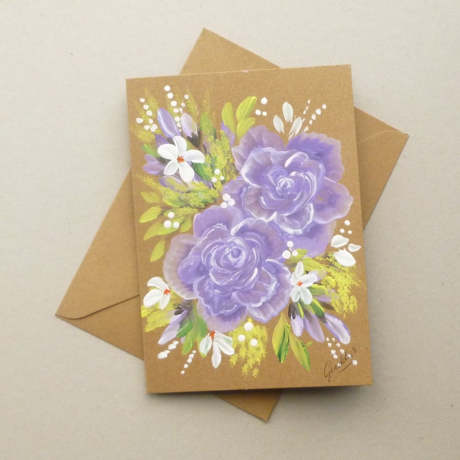hand painted original art roses blank greetings card ( ref F 891 B1 )