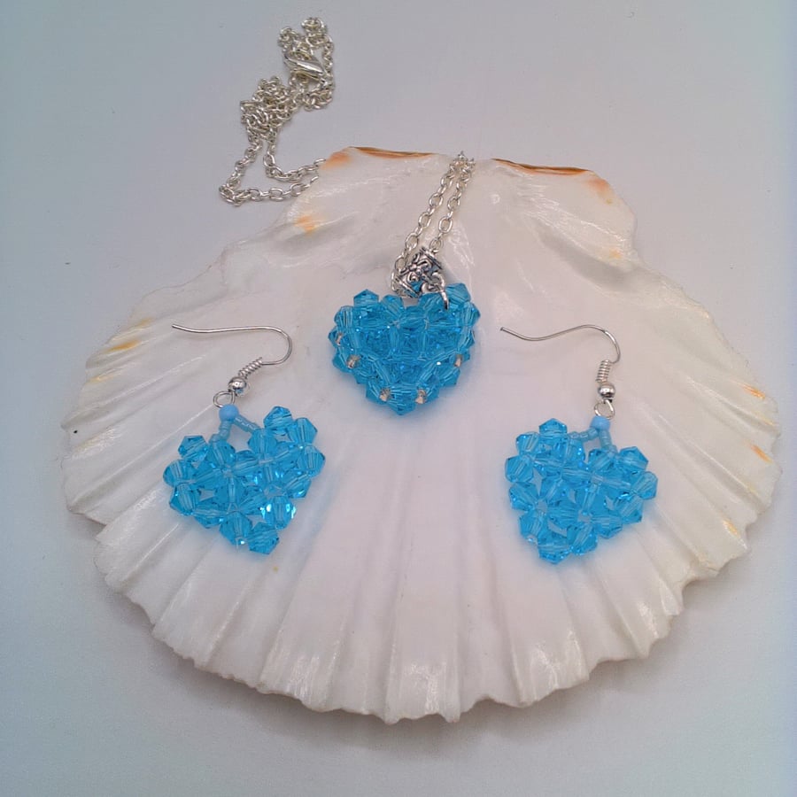 Hand Beaded Crystal Bicone Heart Pendant and Earrings, Custom Make, Gift Set