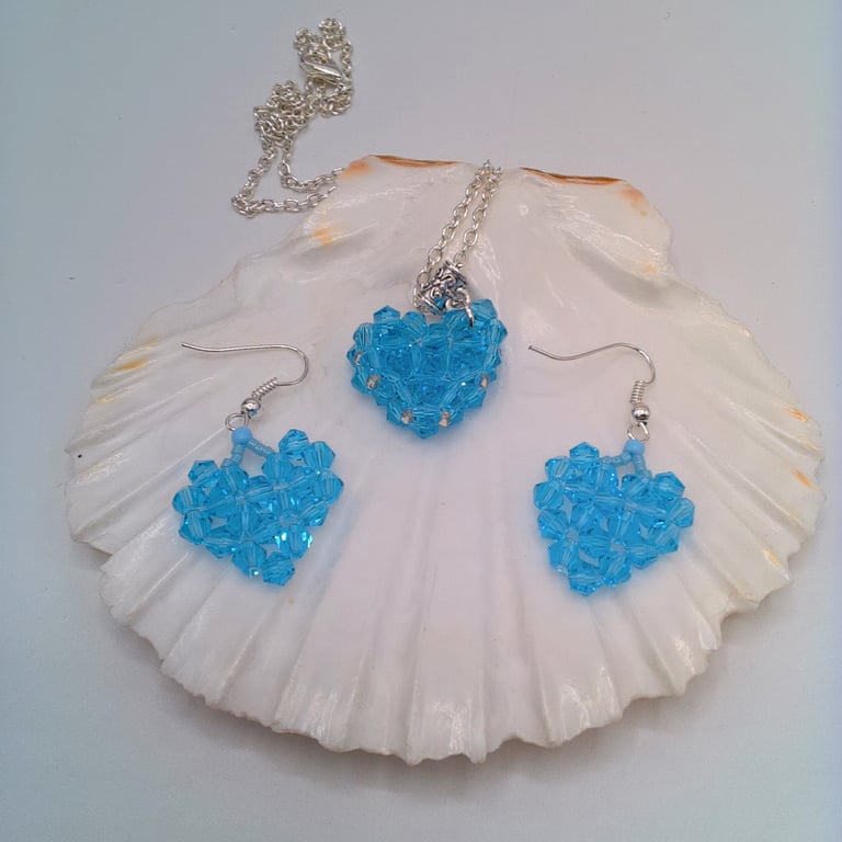 Hand Beaded Crystal Bicone Heart Pendant and Earrings, Custom Make, Gift Set