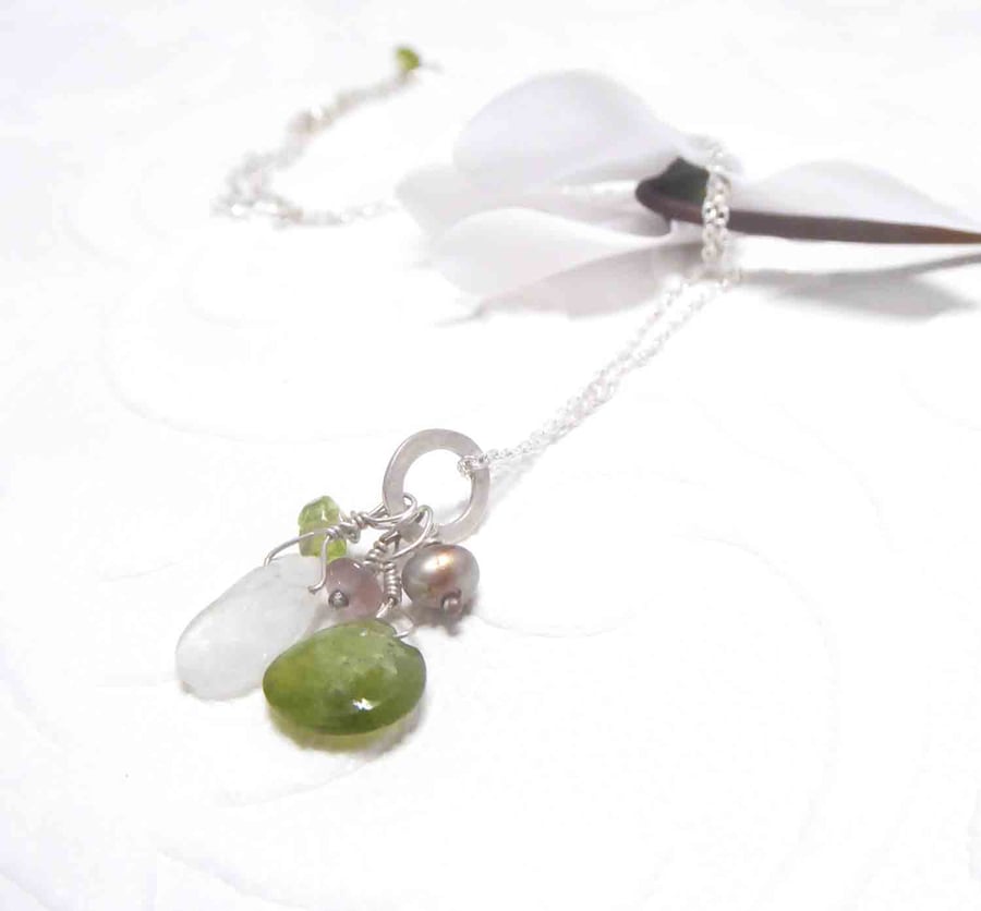 Moonstone and Green garnet cluster necklace