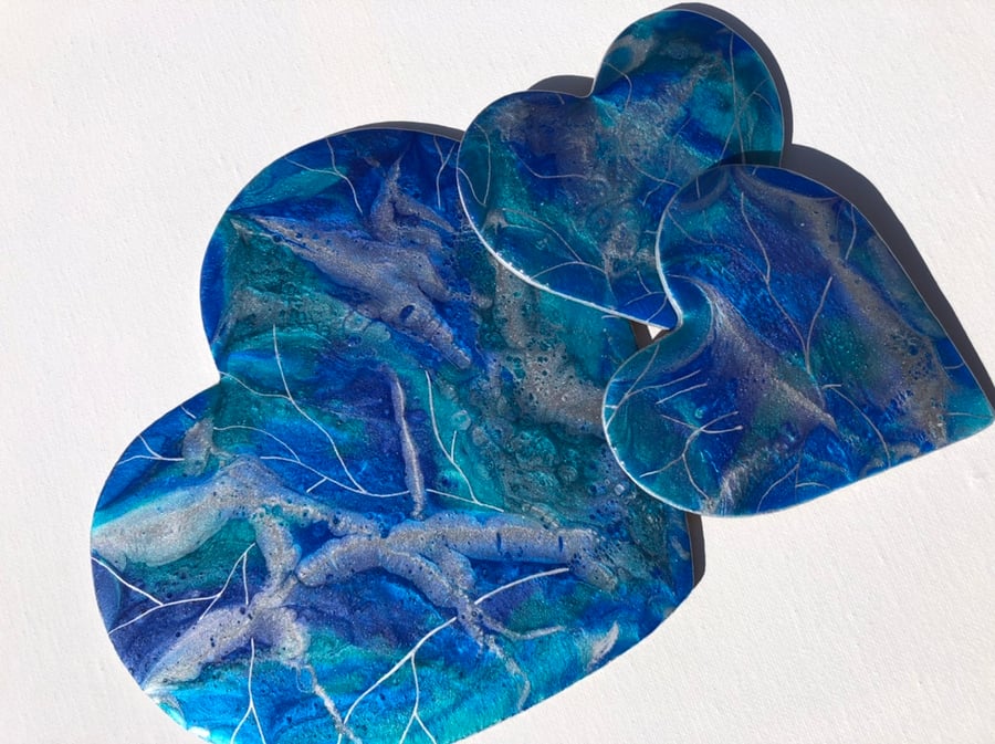 SALE.  Heart shaped coasters, placemat, blue, turquoise, silver, heat resistant 