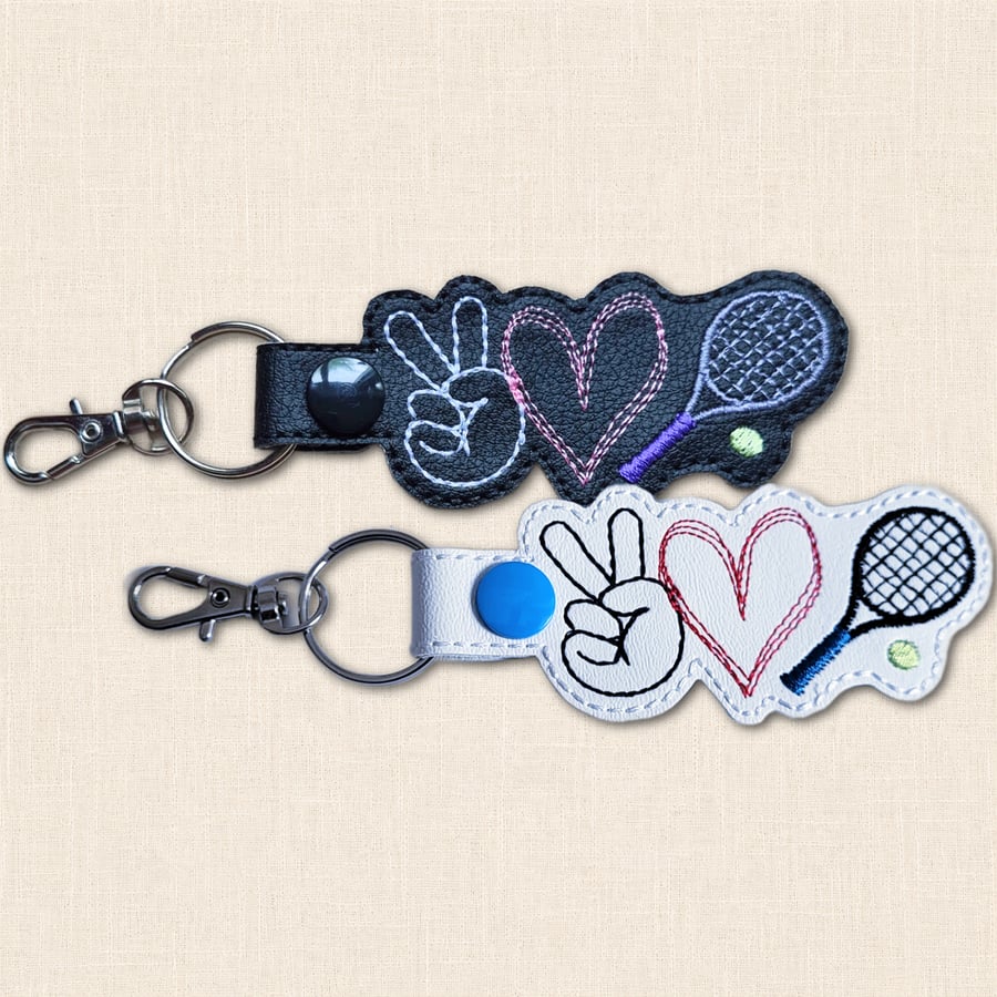 Tennis Keyring - Peace Love Tennis Faux Leather Bag Charm