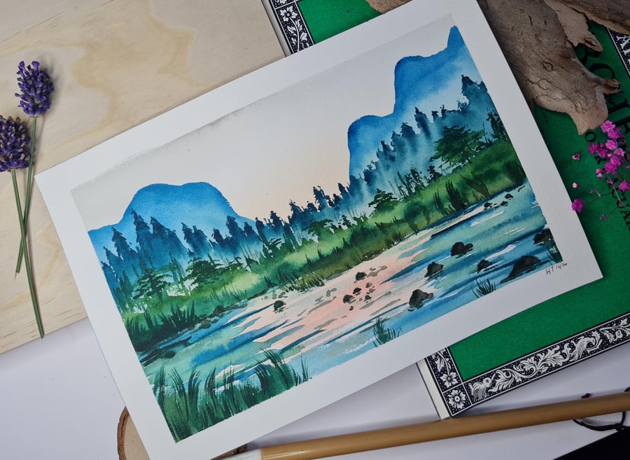 Original watercolour painting, Lakeside view small landscape art