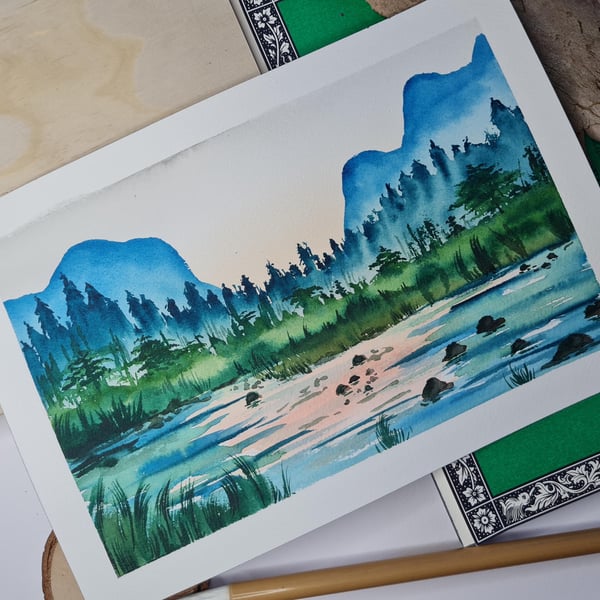 Original watercolour painting, Lakeside view small landscape art