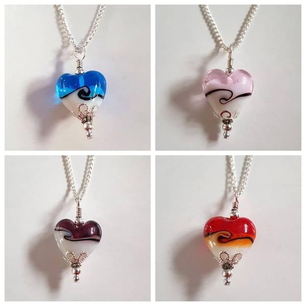 Colourful Glass Heart Necklace - Heart Pendant Gift in 4 Colours