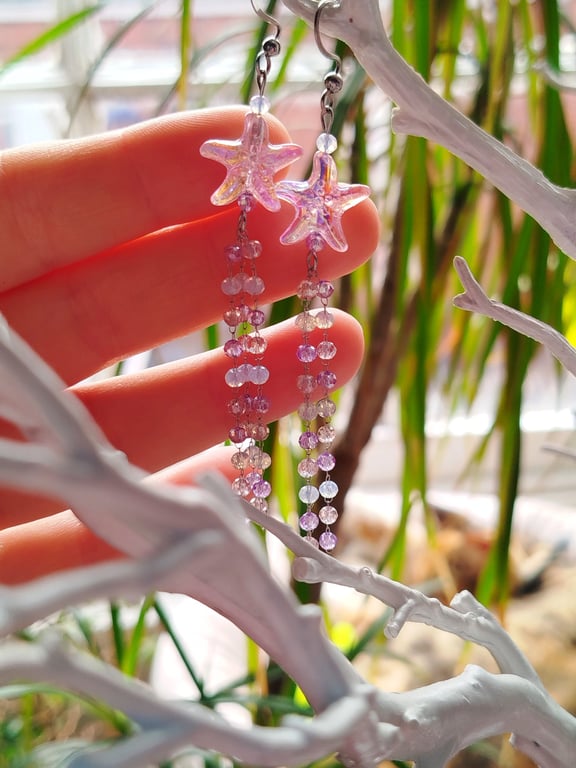 Mermaid starfish pink dangle beaded earrings 