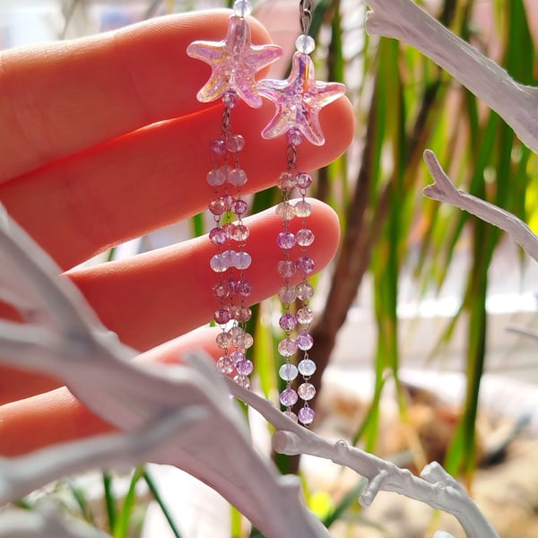 Mermaid starfish pink dangle beaded earrings 